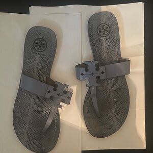 Tory Burch Gray Leather Miller Logo Thong Sandals